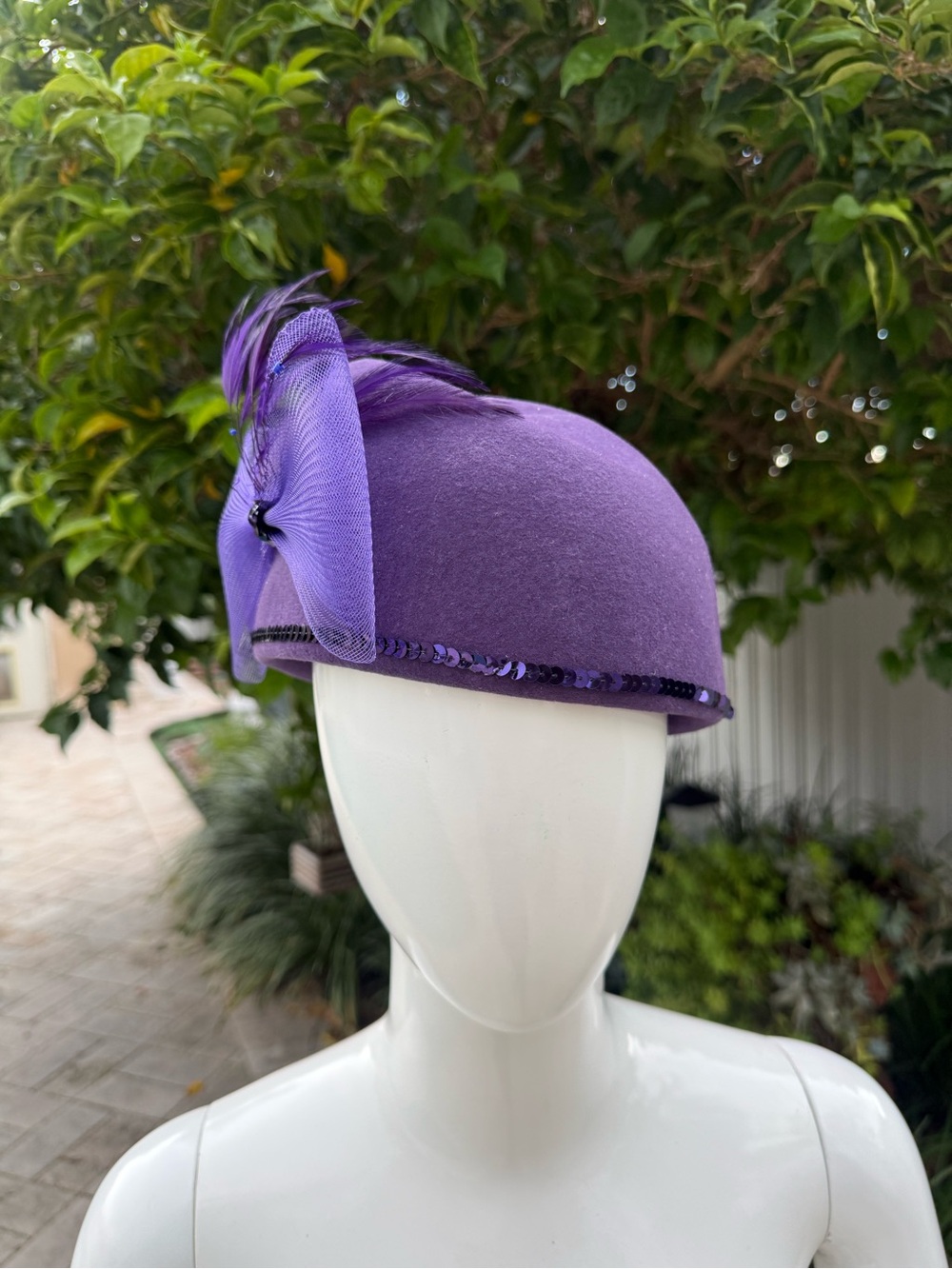 Royal Purple Velour Beret Fascinator Hat with Bow & Feathers